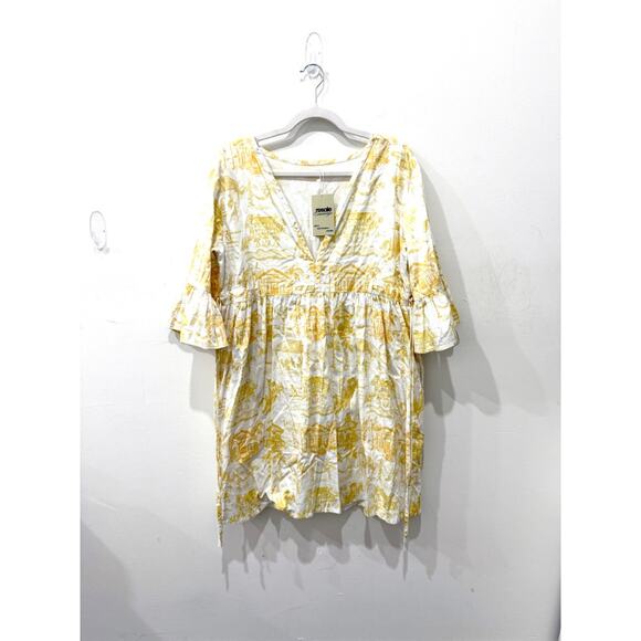 Susan Albright Bell Sleeve Printed Mini Dress Yellow / White Women's Size Large - Picture 1 of 3